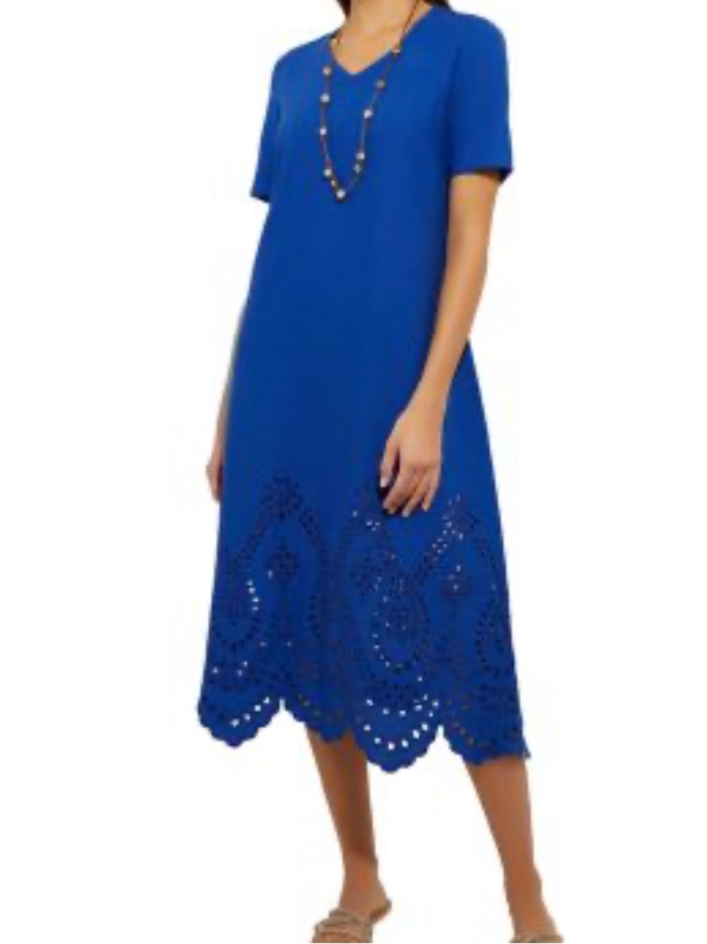 Misook womens blue short sleeve eyelet midi dress hemp/ cotton blend S NWT